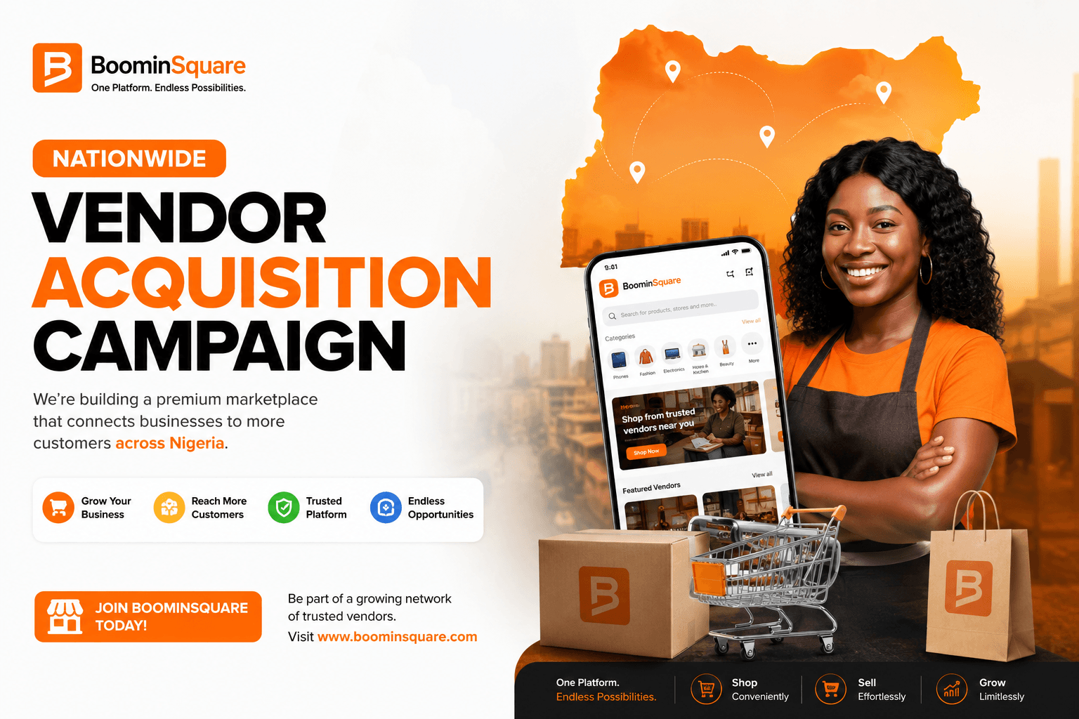 BoominSquare digital marketplace dashboard showing commerce, travel, and payment services