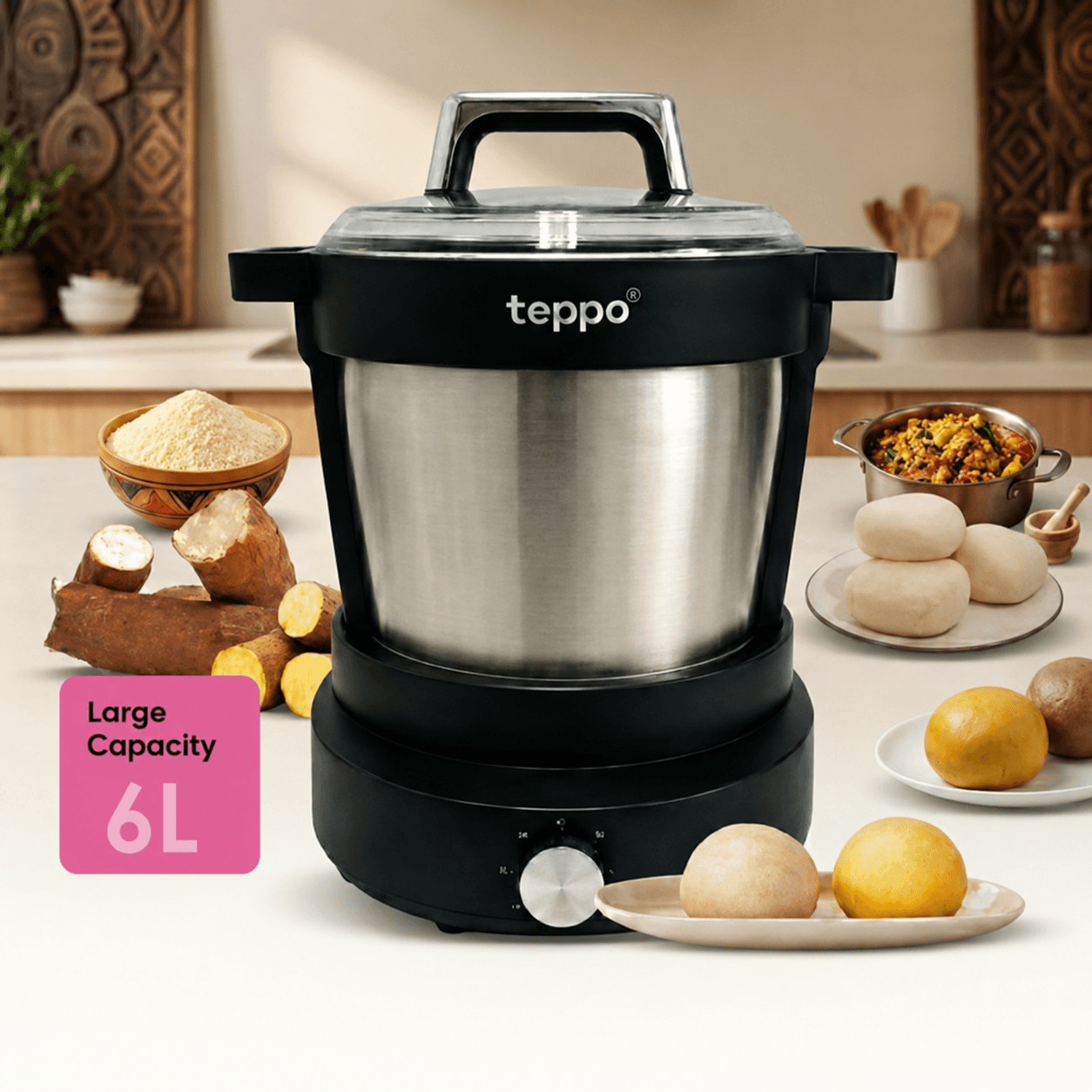 TEPPO 6L SWALLOW MAKER – MULTIPLE PURPOSE AUTOMATIC POUNDER/FOOD PROCESSOR for Fufu, Eba, Kuli Kuli, Yam, Amala & Banku (Silver)